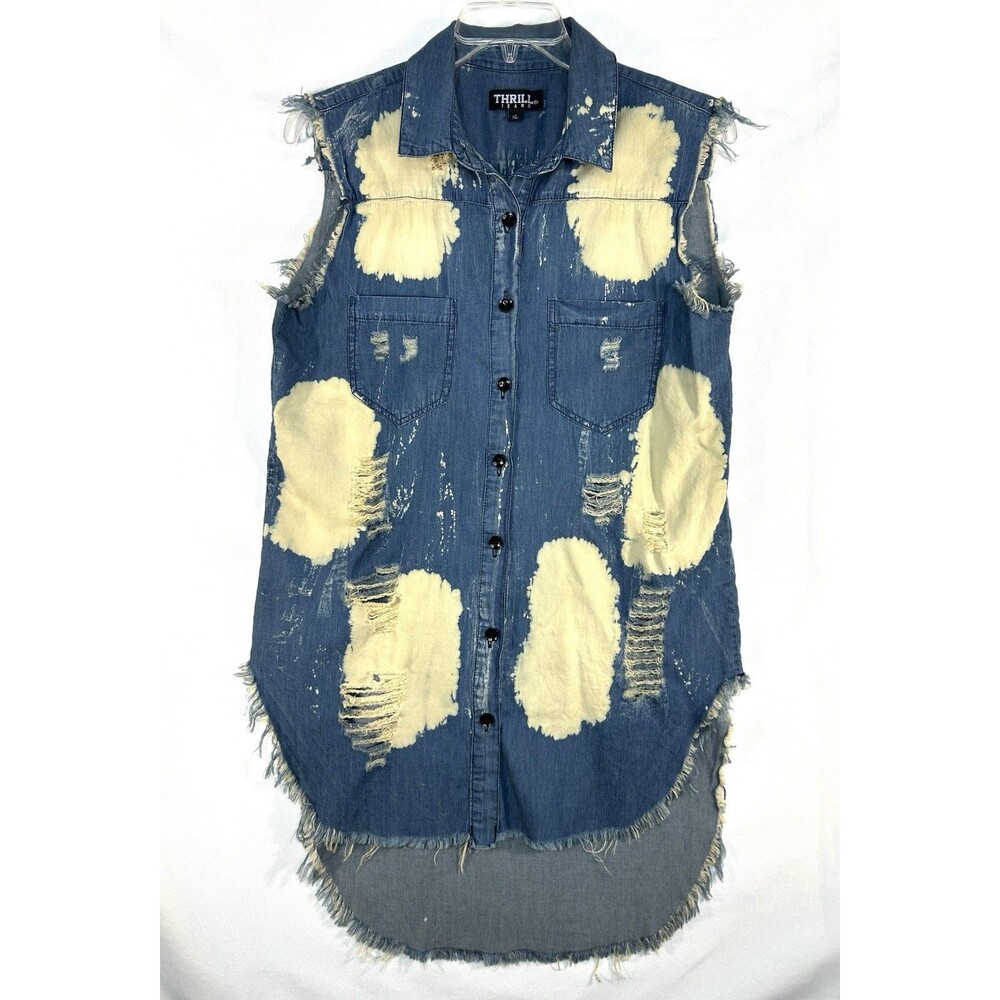 Thrill Denim Shirt Distressed Fringe Sleeveless Thrashed Festival Concert Top